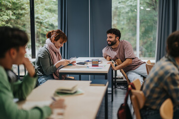 Fototapeta premium A diverse group of students interact with an elderly professor in a warm and collaborative classroom environment, focusing on study materials and discussion.