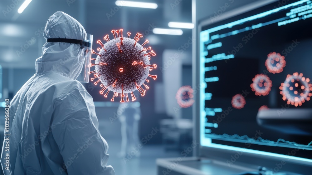 Poster scientist in protective gear observes digital display showing virus models, highlighting importance 