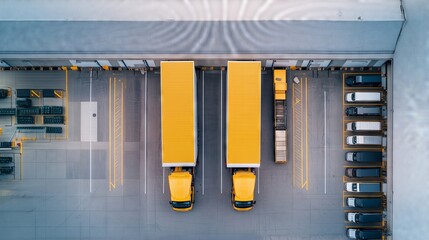 Semi trucks and delivery vans parked outside of loading docks at a warehouse