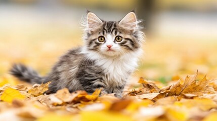 Cute Cat Sitting Among Autumn Leaves