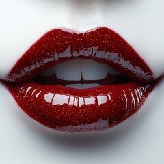 Obraz premium A detailed shot of deep red lips with clear texture and shine, isolated on white background 