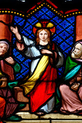 2024-08-02, Paris, FRANCE. Stained glass (19th century) of The young Jesus in the Temple among the Doctors of the Law.