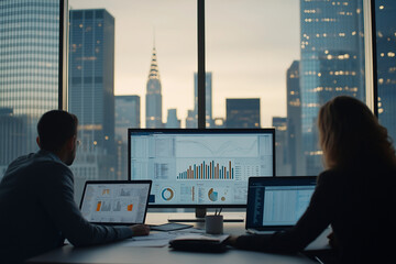 Team of data analysts gathered around a table, analyzing printed charts and using laptops with analytics software. Large windows reveal a city skyline, suggesting a corporate setting. 