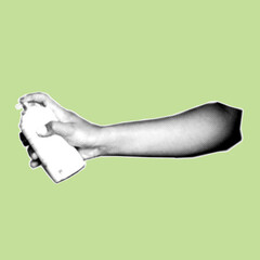 close up of hand holding spray paint can pixelate color halftone dotted texture style collage element isolated on green background