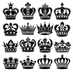 Vintage King Crown Silhouette Set, Black and White Vector SVG for Logos and Design