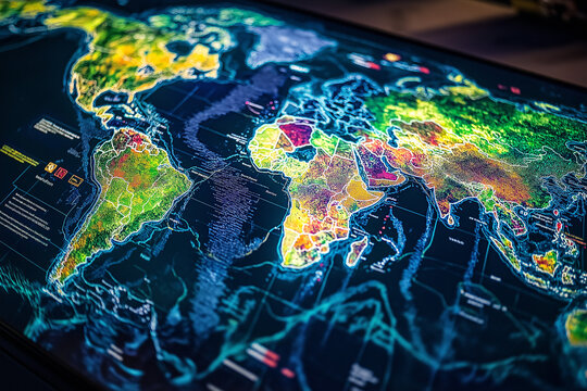 World map visualizing global GDP growth, with vibrant colors for high-growth regions and softer tones for slower growth. Displayed at an international financial conference with economists discussing 