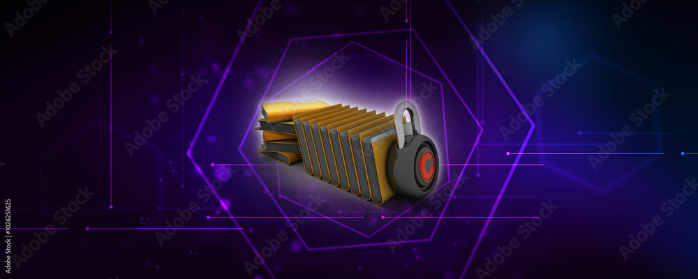 Poster 3d rendering yellow folder and lock. data security concept