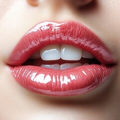 Obraz premium A detailed shot of plump lips with a natural rosy pink color, isolated on white background 