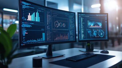 Fototapeta premium Futuristic AI-powered business analytics platform on a multi-monitor setup visualizing complex trends, forecasts, and predictive models. High-tech office with ambient lighting enhances