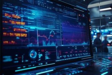 Obraz premium Graph displaying historical stock performance over the last five years, with marked trend lines and key market events. Executives analyze the chart in a boardroom for strategic decision-making. 