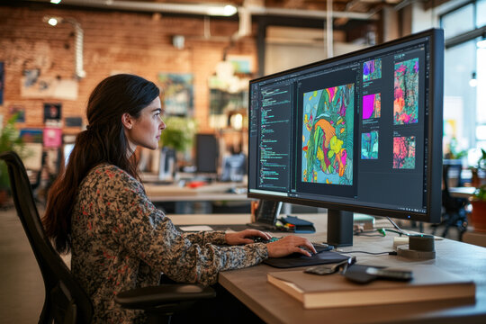 Female Graphic Designer Working on Digital Art in Modern Office, Focused woman creating digital artwork on a large monitor in a stylish office. Creative process and design concept.
