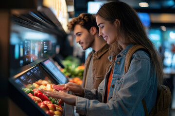 Young Couple Choosing Fresh Vegetables in a Grocery Store, Smiling couple selecting fresh produce from the vegetable section in a grocery store. Healthy lifestyle and shopping concept.