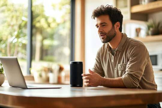 Man Using Smart Speaker and Laptop for Virtual Communication at Home, Bearded man interacting with a smart speaker while working on a laptop in a modern kitchen. Home technology

