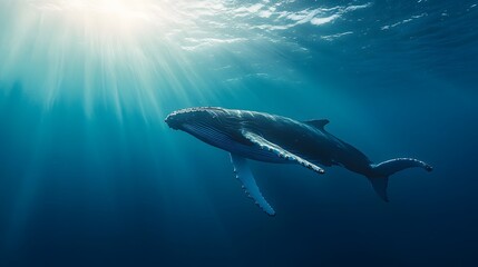 Fototapeta premium A vibrant azure ocean with sunbeams illuminating a majestic humpback whale swimming gracefully, captured in underwater photography that showcases serene marine beauty deep blue hues.