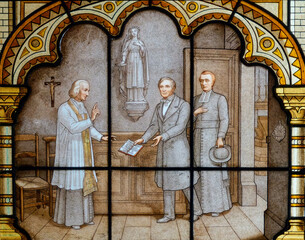 Obraz premium 2024-08-03, Paris, FRANCE. Stained glass of St. John Mary Vianney or Saint Jean-Marie Vianney, also known as the Holy Curé d'Ars. Saint of the Catholic Church. .