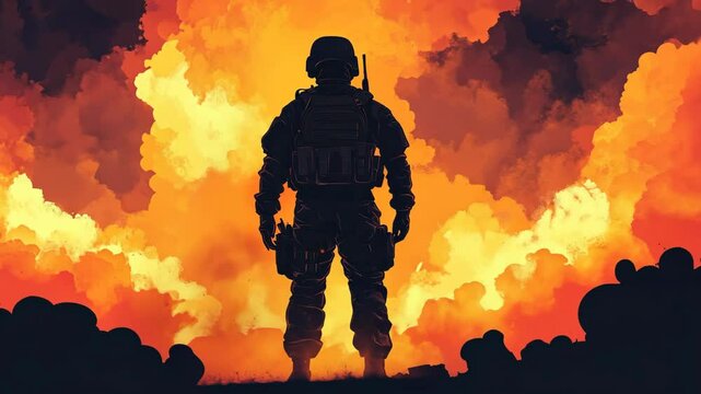 A soldier stands in silhouette against a backdrop of orange and yellow smoke