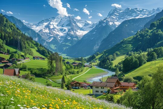 A beautiful mountain landscape with a river running through it, generative ai image