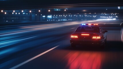 Naklejka premium Auto della polizia in un inseguimento notturno su un’autostrada cittadina, con riflessi di luci al neon che accentuano la tensione e la velocità.