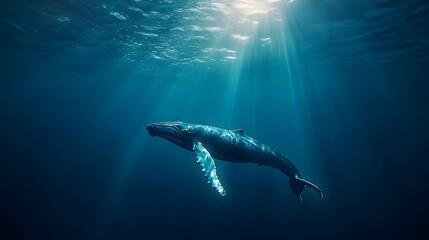 Fototapeta premium A vibrant azure ocean with sunbeams illuminating a majestic humpback whale swimming gracefully, captured in underwater photography that showcases serene marine beauty deep blue hues.