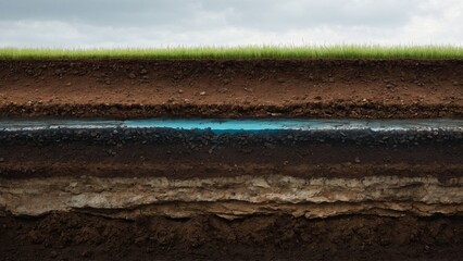 Section of soil with underground water, layers of earth and rocks
