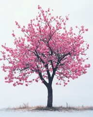 Obraz premium A flowering almond tree with pink blossoms and slender branches, isolated on white background 
