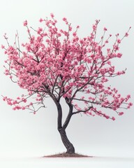 Obraz premium A flowering almond tree with pink blossoms and slender branches, isolated on white background 