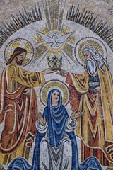 2024-08-03, Paris, FRANCE. Mosaic of Coronation of the Virgin Mary, Mother of God, in heaven by the Holy Trinity.