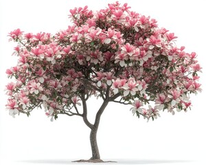 A flowering magnolia tree with white and pink blossoms, isolated on white background 