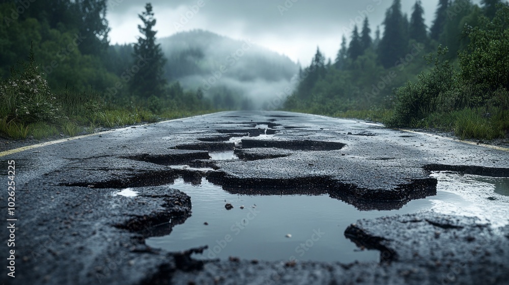 Poster a road with a large pothole in the middle of it