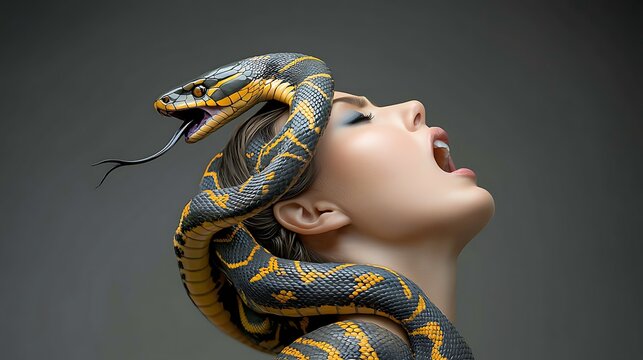 A figure trying to rid themselves of a snake but it slithers back wrapping tightly around their throat as a metaphor for self-inflicted struggles Ultra-Realistic Photo Realistic 
