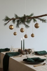 Obraz premium Elegant holiday dining setup with gold ornaments hanging from a pine branch indoors