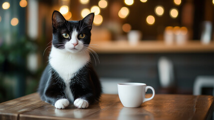 Sweet cat sitting in a cafe on a table with a cup of coffee, promotion. Sweet cat sitting in a cafe on a table with a cup of coffee, promotion. Domestic animal services promotion. Cool realistic ad.