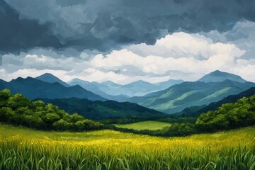 Breathtaking mountain landscape under a dramatic sky with lush green fields.
