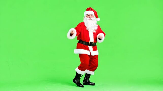 Cheerful fun Santa Claus in red suit and hat isolated on green screen chroma key background. Holiday spirit new year. Christmas festive design. Joy of season. Funny dancing. Man in costume.