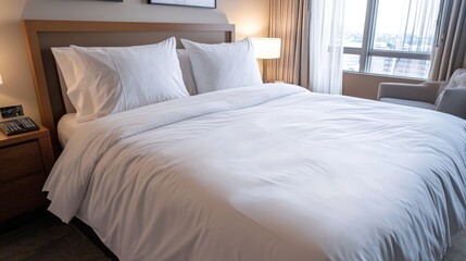 A neatly made bed with crisp white sheets, fluffy pillows, and a cozy comforter in a stylish bedroom.