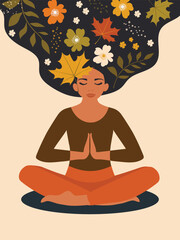 A young woman meditates while sitting cross-legged and takes care of her mental health. Vector