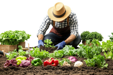 A gardener kneeling in a vegetable garden, planting seeds into the soil, surrounded by various plants and tools