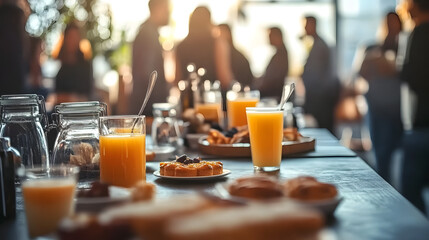 Breakfast setup on a table with juice, pastries, and people mingling in the background, highlighting social gatherings. Concept of community, hospitality, and morning.
