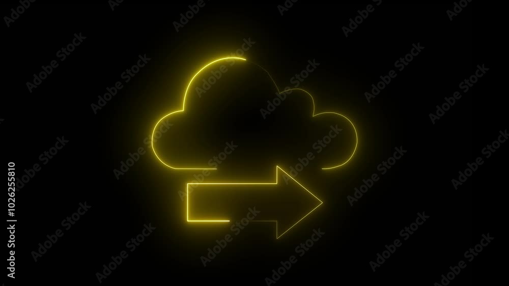 Poster right glowing neon upload cloud arrow animation on black background yellow color icon.