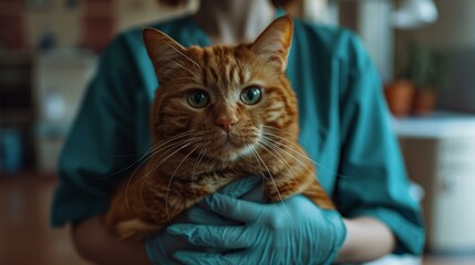 Ginger tabby cat held gently by veterinarian in teal scrubs, smiling, preparing for vaccination procedure, showcasing pet care and compassion in veterinary clinic setting.