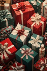Colorful stacked Christmas gifts wrapped in vibrant papers with ribbons and decorations