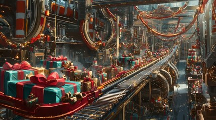 Fototapeta premium Futuristic holiday factory with conveyor belts transporting vibrant gift boxes in a lively, industrial setting.
