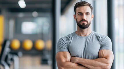 Obraz premium Confident man standing in gym, arms crossed, fitness environment.