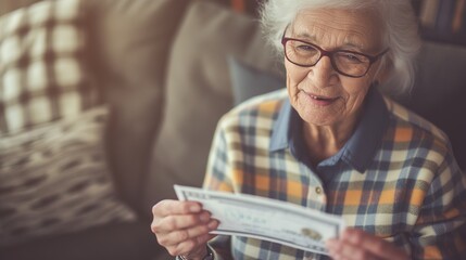 Senior citizen holding check symbolizing social security benefits, smiling with relief in cozy home setting, representing financial security and peace of mind.