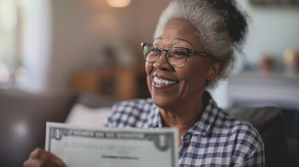 Senior citizen holding check symbolizing social security benefits, smiling with relief in cozy home setting, representing financial security and peace of mind.