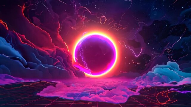 A purple and red background with a glowing circle in the middle