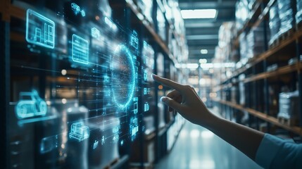 Manager using transparent digital touchscreen to control inventory in warehouse