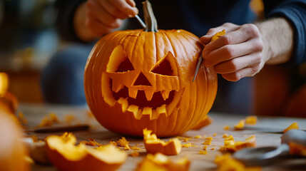 Carving a Jack-o'-lantern Hands Working on a Halloween