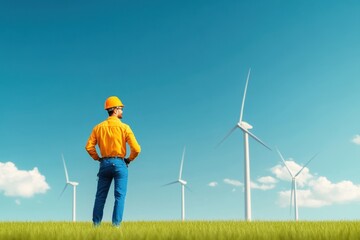 Cartoon Technician Observing Wind Turbines in Field