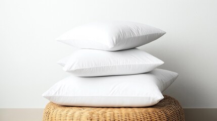 Three white pillows stacked on a woven wicker basket against a plain white background.